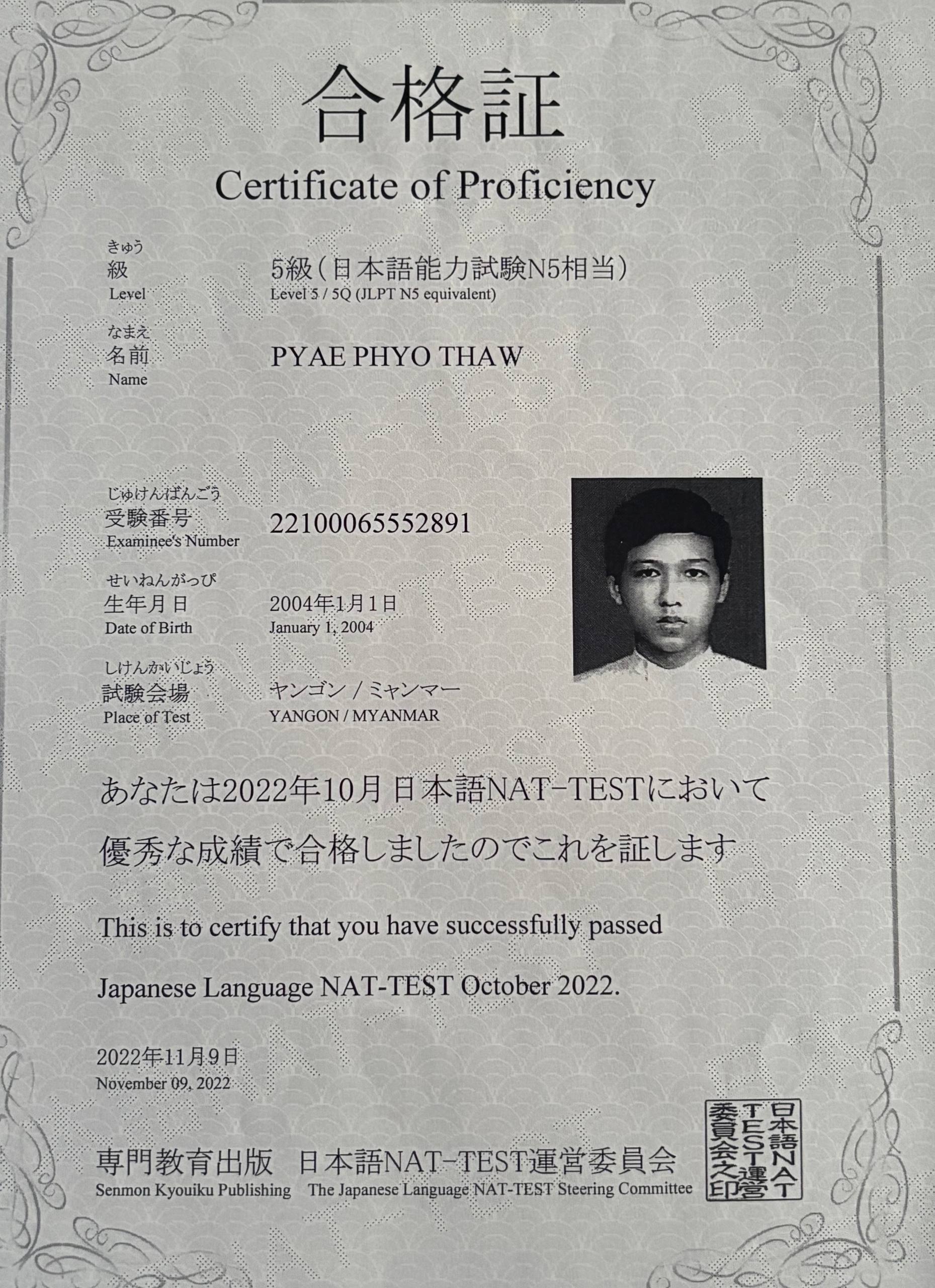 JLPT N5 Certificate